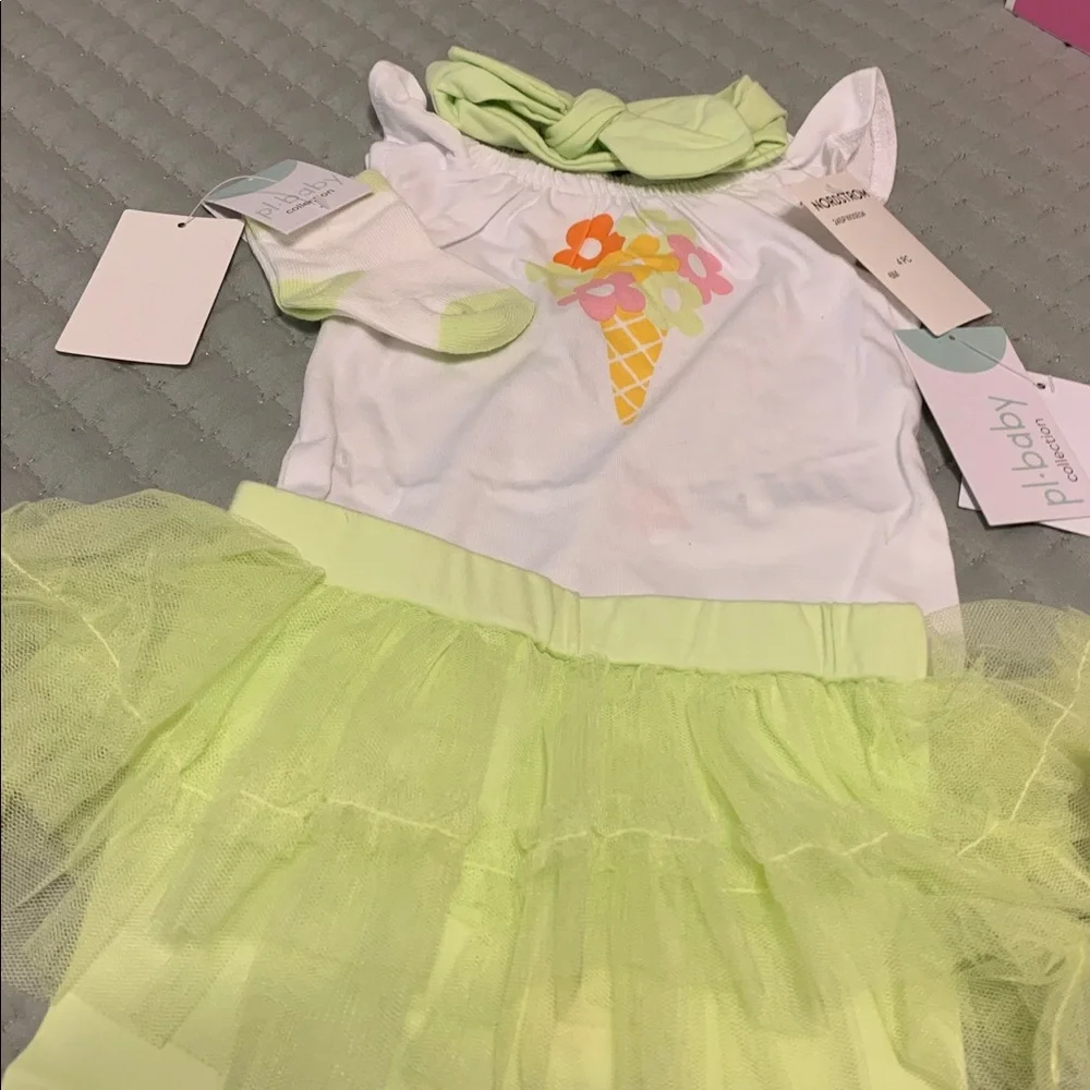 Nordstrom White & Lime Green Tutu Romper Ice Cream Floral Graphic NEW Size 6 Mo